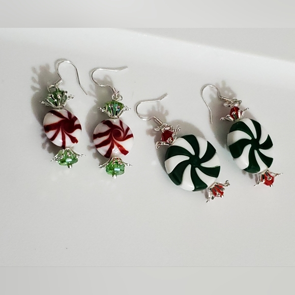 Glass lampwork candy peppermint earrings swavorski crystal 925 sterling silver - Picture 13 of 13
